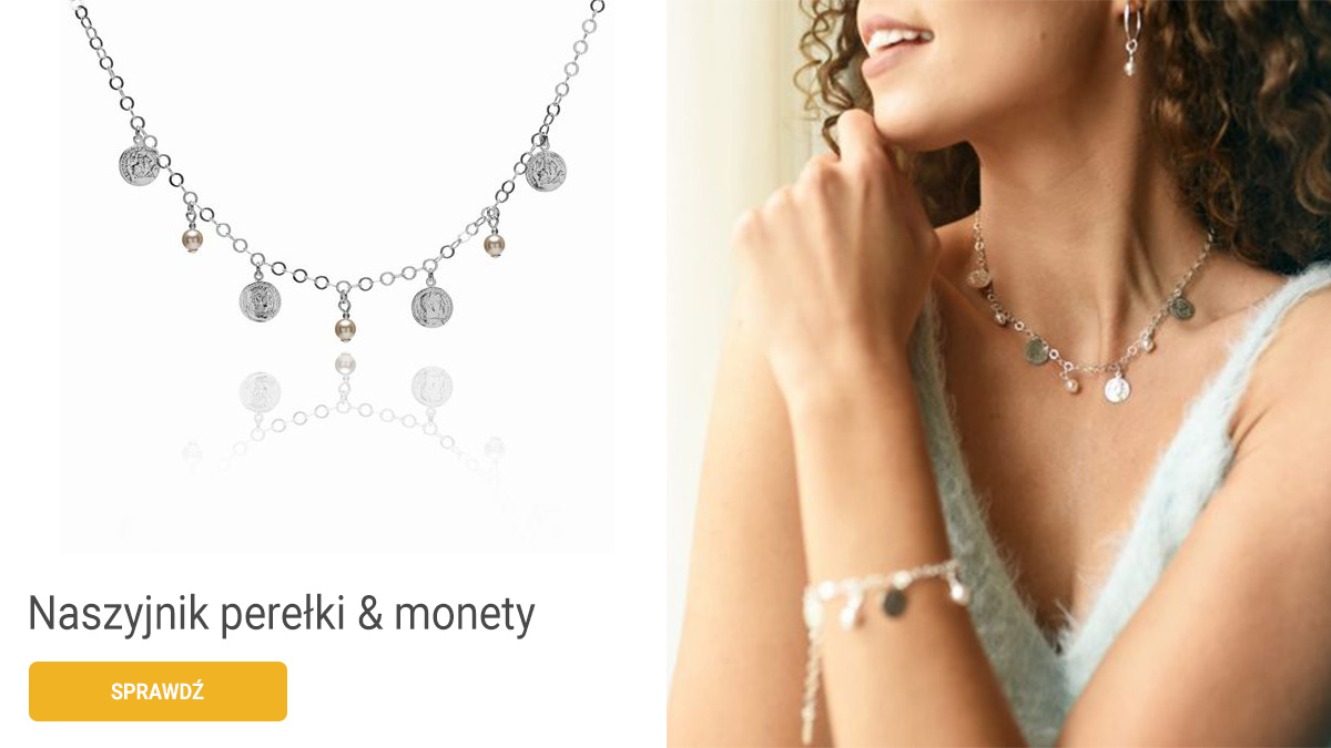 Naszyjnik perełki i monety, srebro 925
